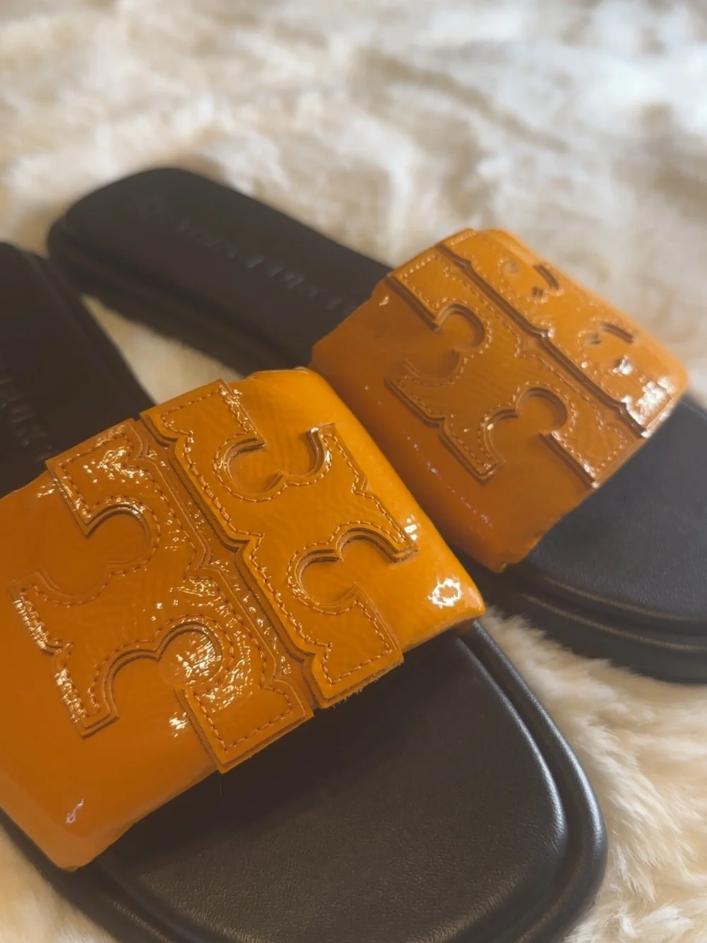 Tory Burch Orange Patent Logo Slide Sandals